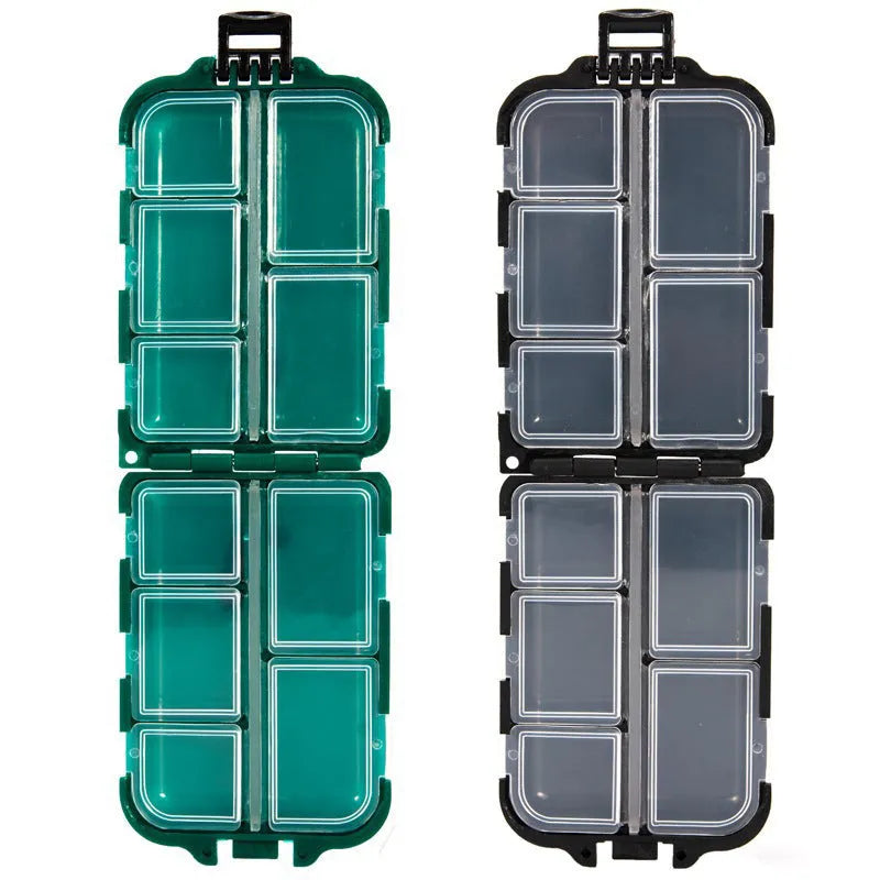 Black plastic fishing tackle storage box with 10 internal compartments, shown next to a ruler.