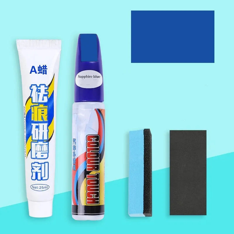 Car touch up paint pen and scratch repair kit four piece set with wax.