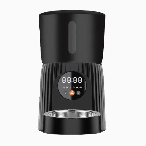 Black automatic pet feeder with digital display and food hopper for scheduled feeding