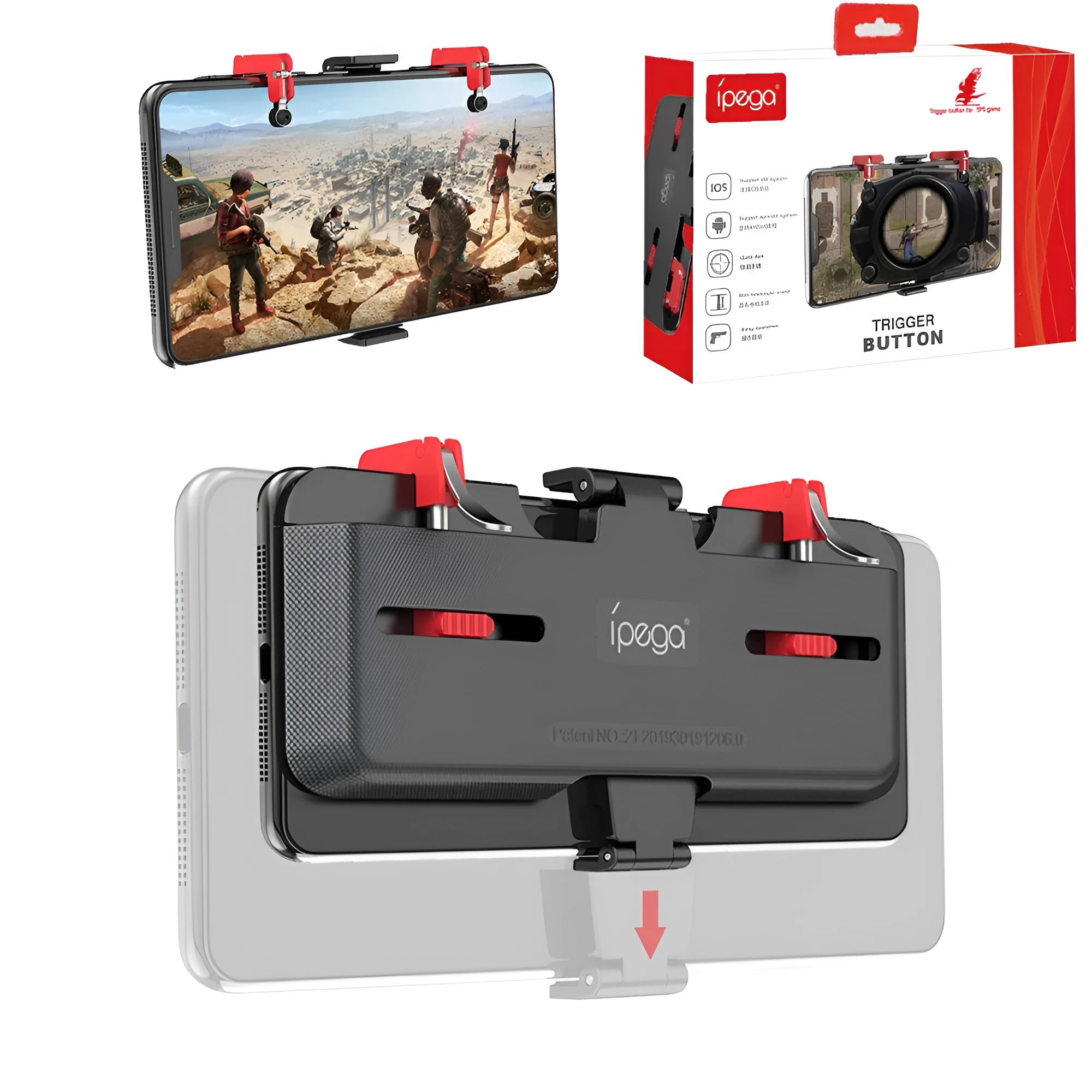 Black mobile phone gaming bracket with a metal trigger and telescopic fixing clip for phones.