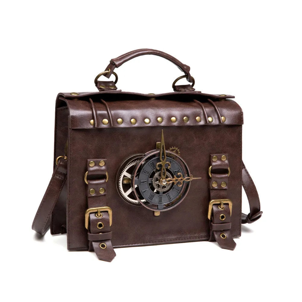 Bronze steampunk industrial retro shoulder bag with metal hardware details