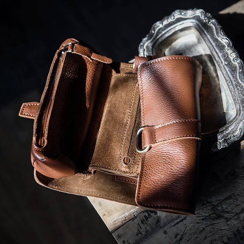Handmade cow leather vintage wallet with tape closure in black or dark brown colour