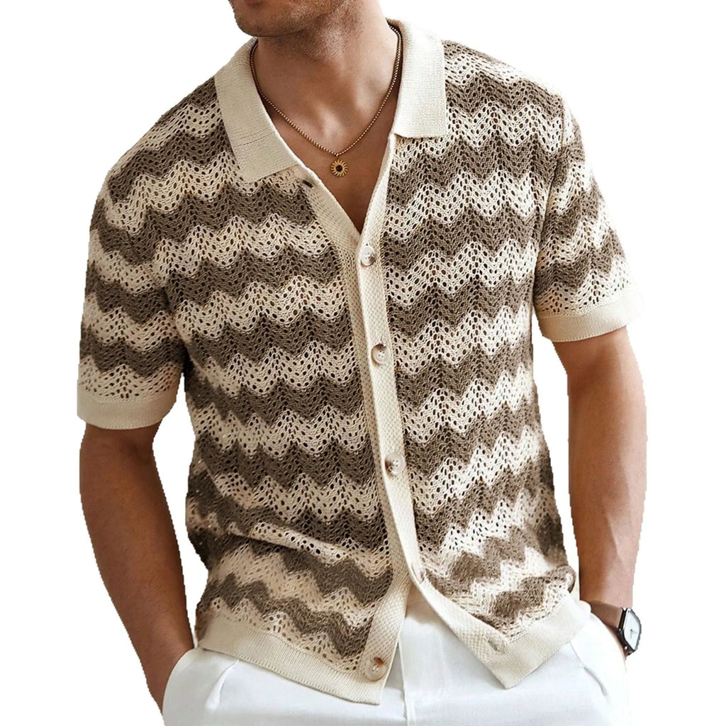Hollow jacquard corrugated short sleeve sweater in Tencel viscose fabric showing textured knit pattern