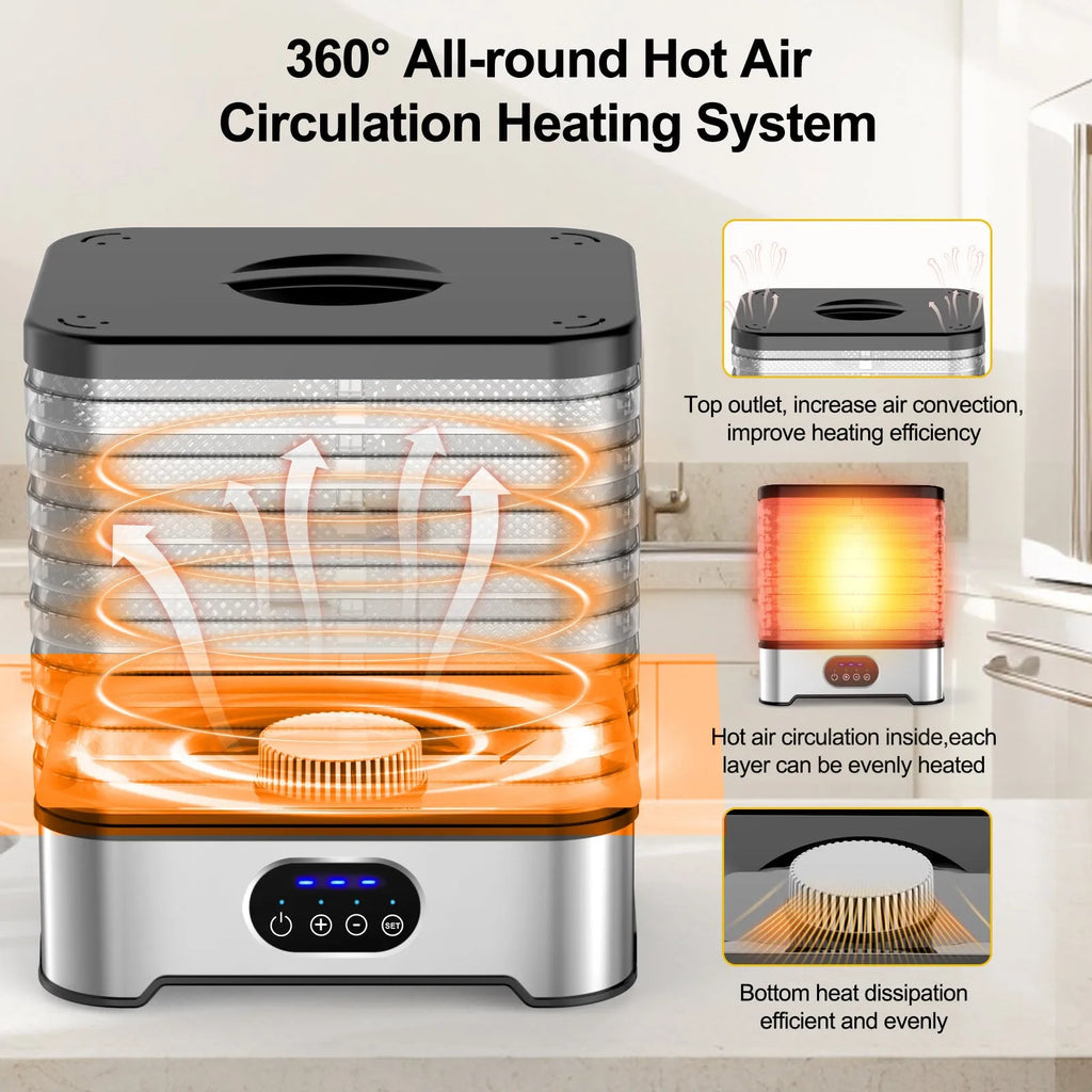 Silver or red household food dehydrator with 8 drying trays, showing compact design.