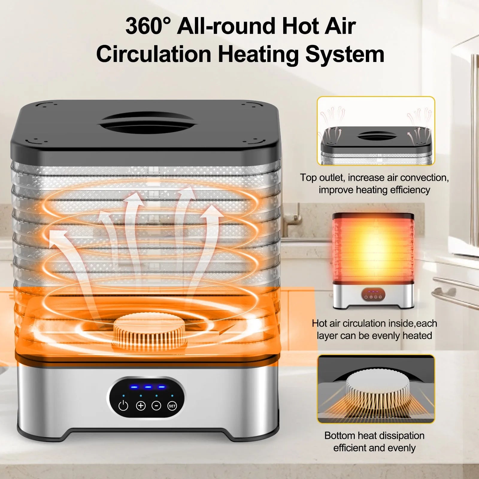 Silver or red household food dehydrator with 8 drying trays, showing compact design.
