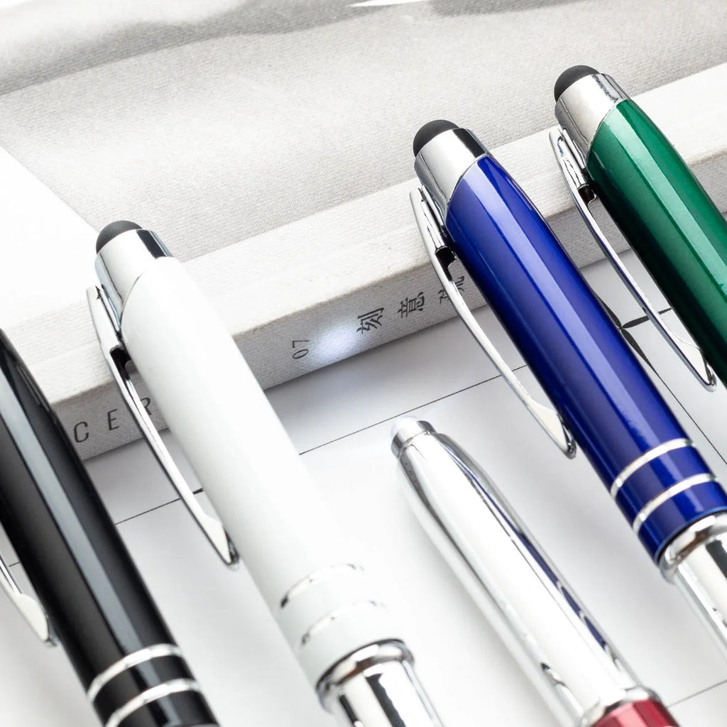 Red metal capacitive stylus ballpoint pen with LED light and bullet tip