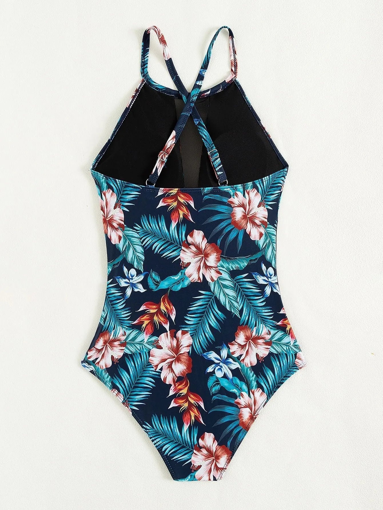 Women's deep V-neck one-piece swimsuit showing front design with polyester lining