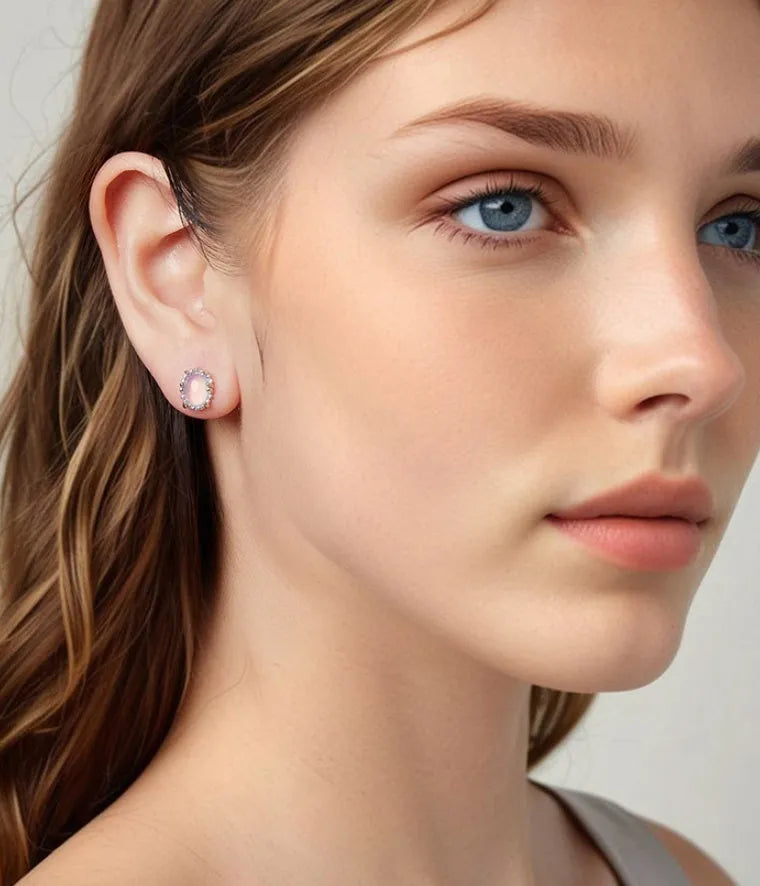 Sterling silver 925 magic stone ellipse stud earrings with French romantic style and electroplated finish