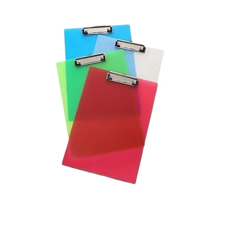 Transparent A4 plate writing board holder with metal clip, shown in blue colour on a desk.