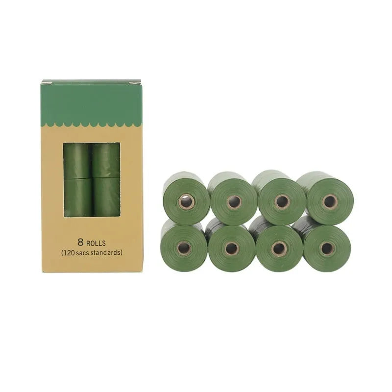 EPI degradable pet waste bags in green, black, blue, purple and orange colours with dispenser