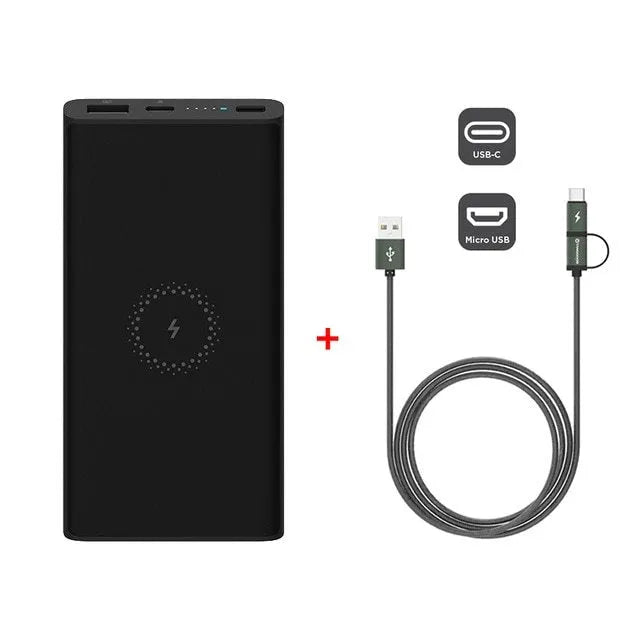 White and black large capacity 10000mAh power bank with USB-C port and wireless charging symbol.