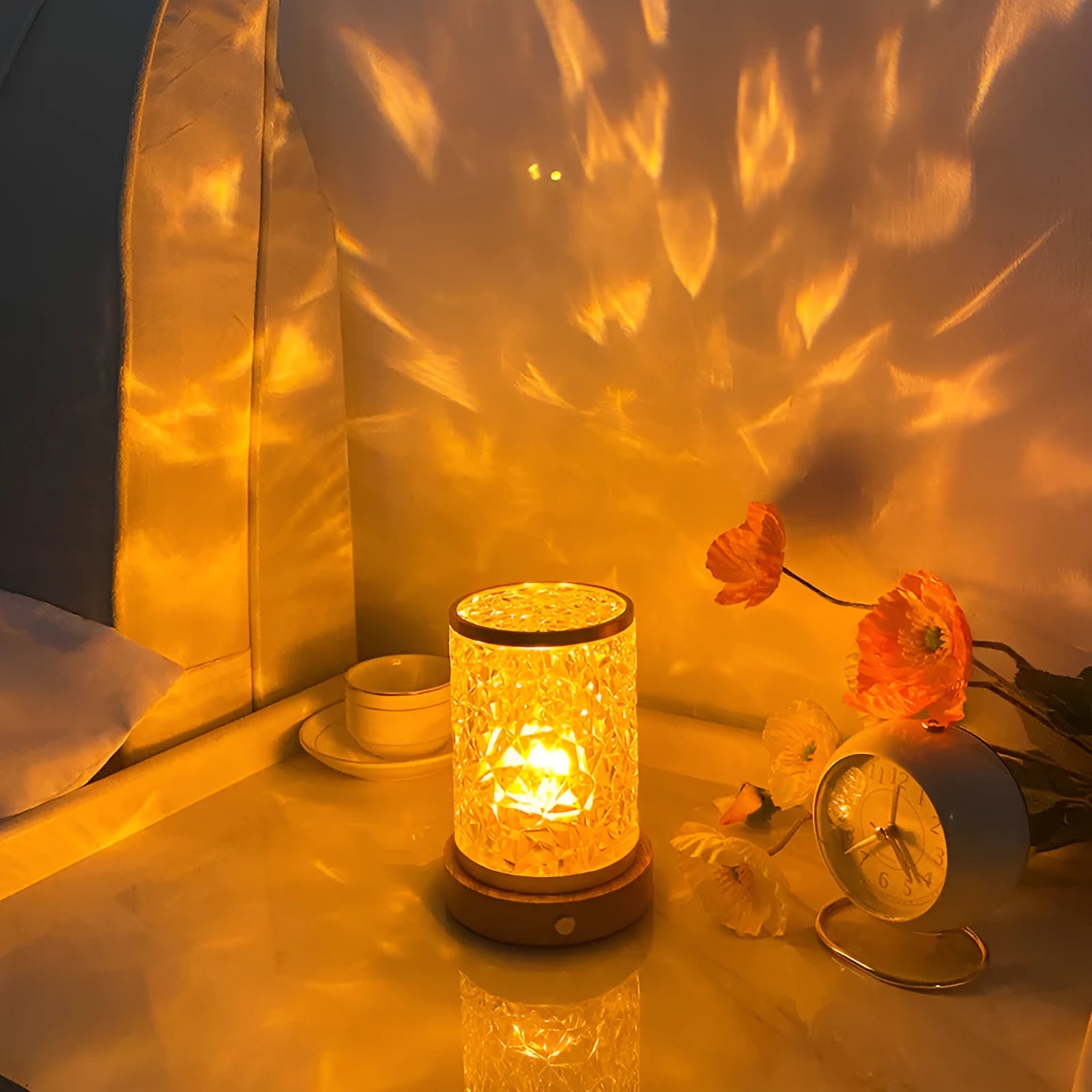 Rotating water ripple night light on solid wood base with USB charging cable