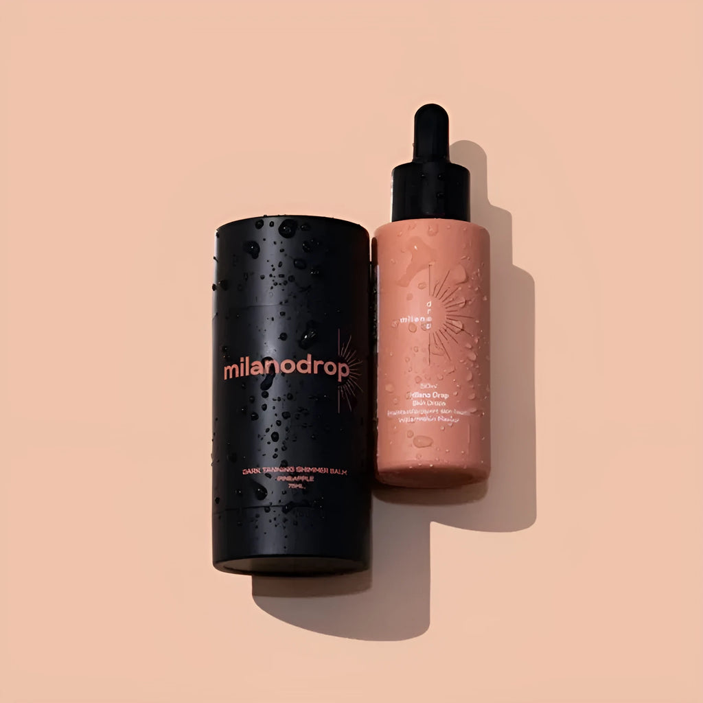 Matte sun tanning black liquid set with 50ml drops bottle and 75ml flash cream bottle.