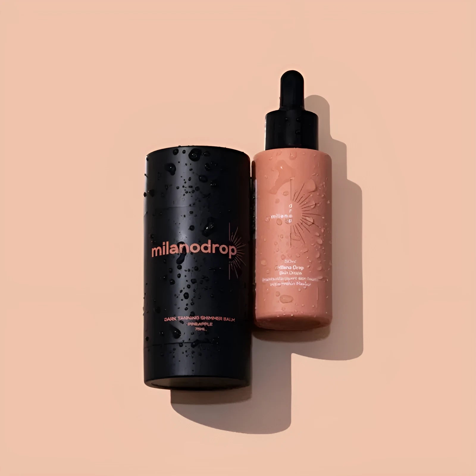 Matte sun tanning black liquid set with 50ml drops bottle and 75ml flash cream bottle.