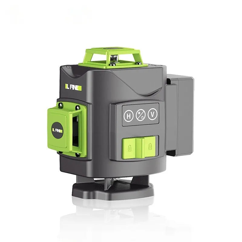 Green laser level with 16-line projection showing on a wall, with nylon and aluminium body.