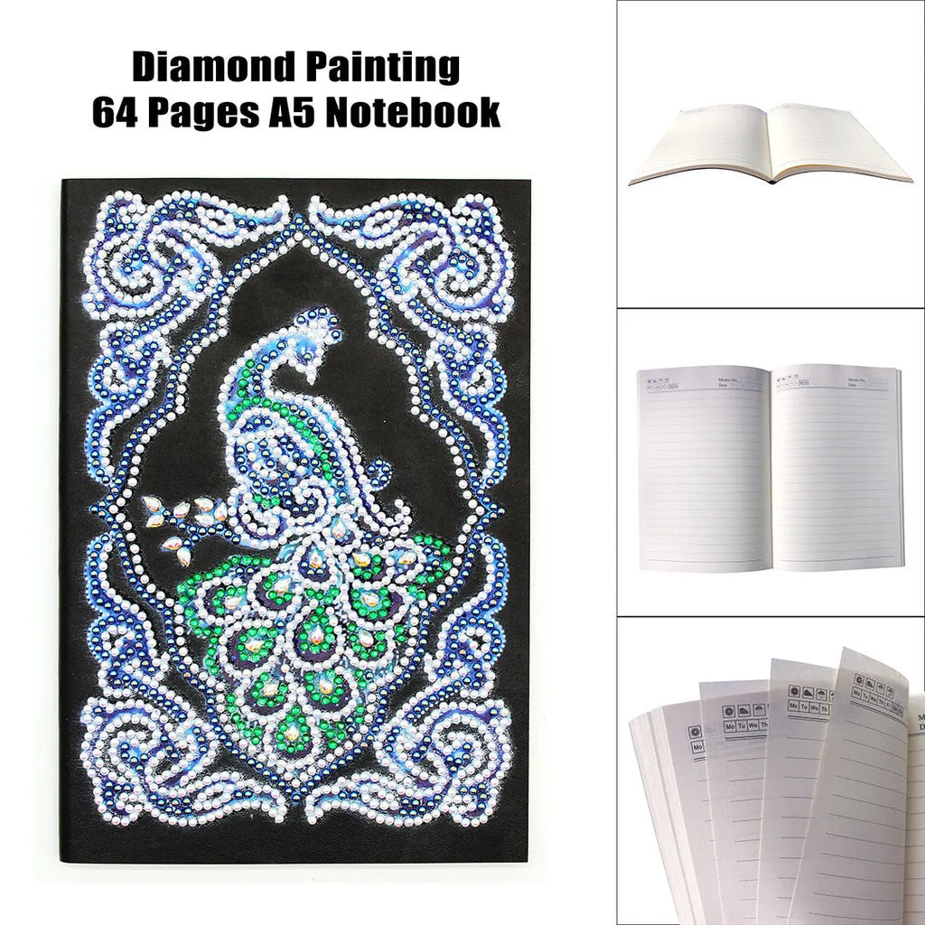 Black A5 diamond painting notebook with peacock design showing shaped and bright drills