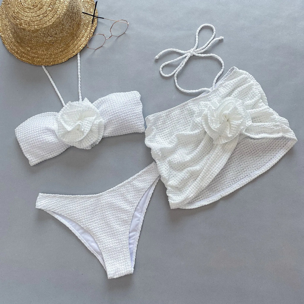 Women's white and purple 3D flower split skirt bikini set with bra and panties
