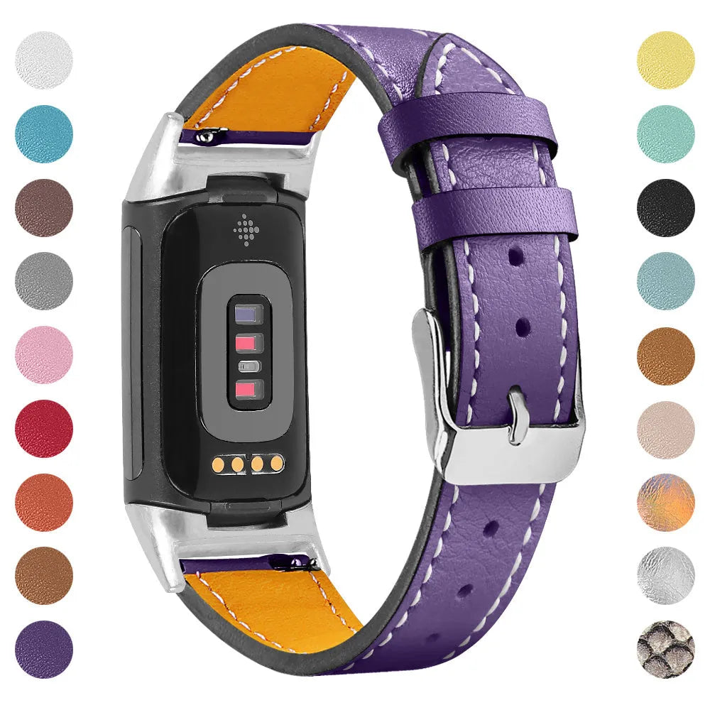 Genuine cowhide leather replacement strap for Fitbit Charge 5 and Charge 6 smartwatch in multiple colours.