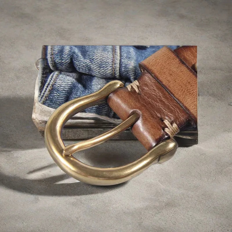 Men's casual jeans belt in genuine cowhide leather with copper buckle