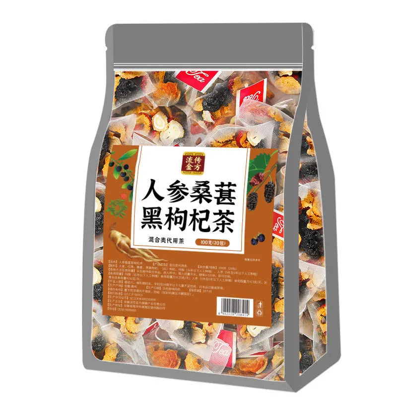 Resealable pouch of ginseng black wolfberry tea with 40 individual tea bags visible
