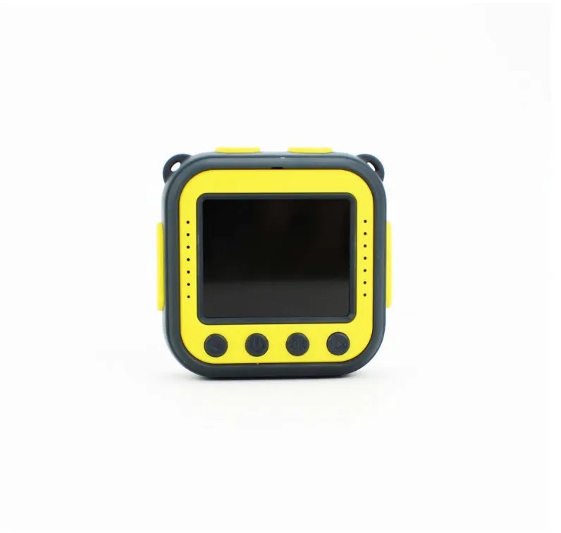 Yellow children's waterproof sports camera with 1.77-inch screen showing outdoor scene