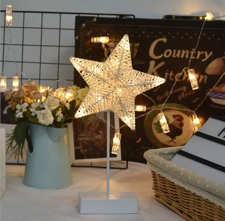 Rattan and PC LED star, heart, and moon shaped battery operated decorative lamps.
