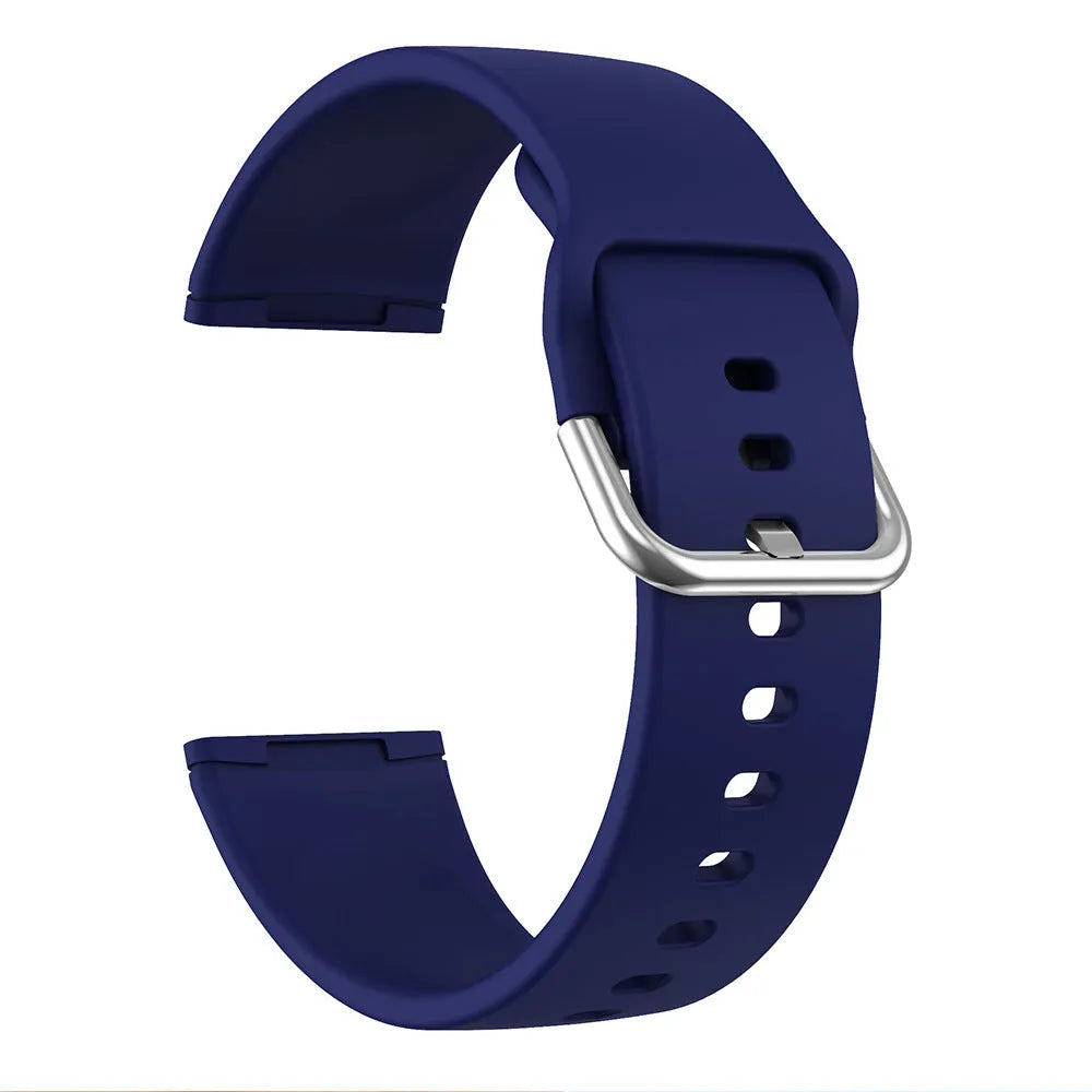Solid colour silicone replacement strap with silver buckle for Fitbit Versa 3 and Sense 2 smartwatches.