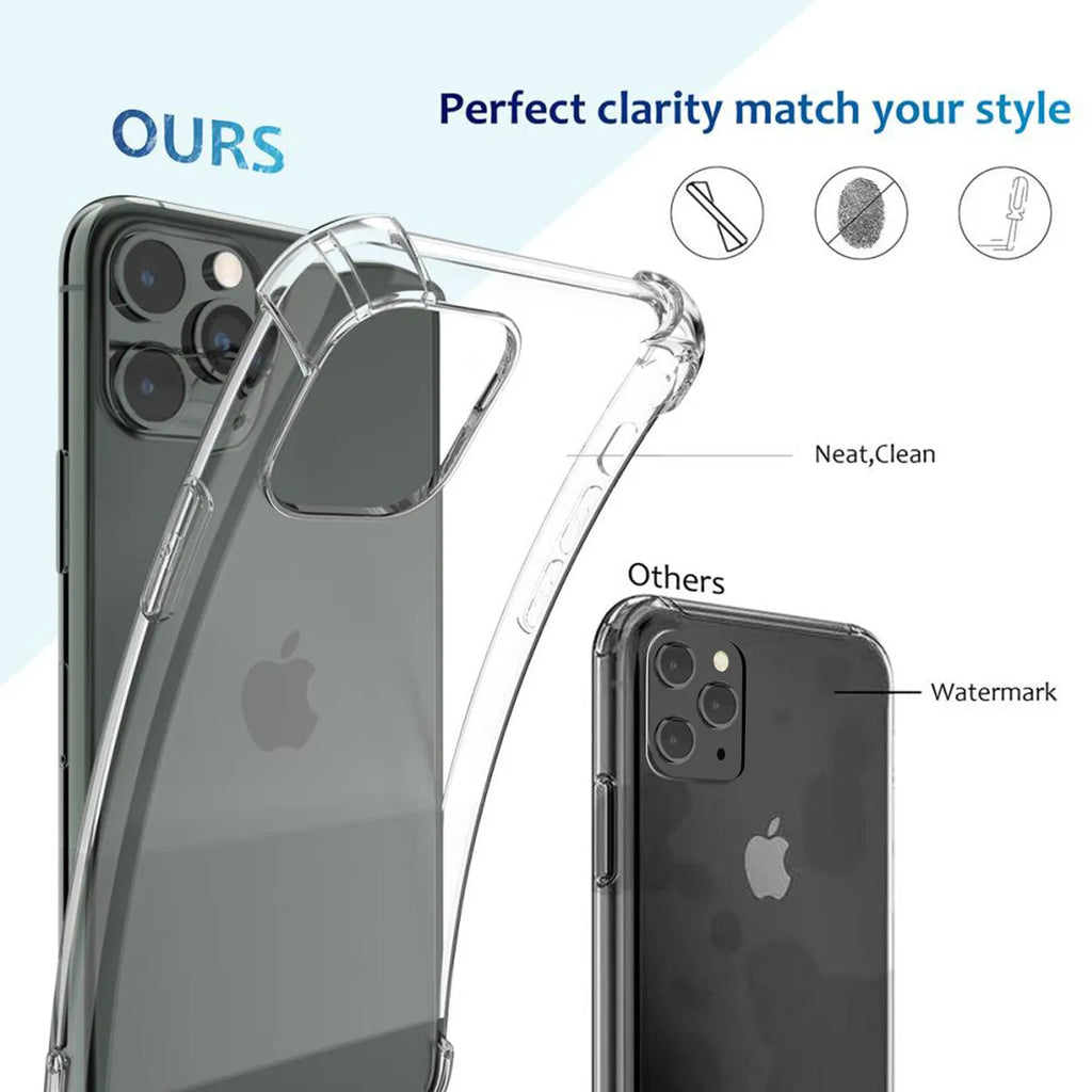 Clear transparent TPU shockproof phone case for iPhone, shown from the back.