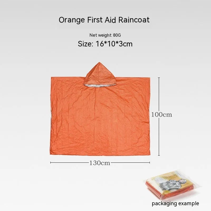 Orange emergency tent with sleeping bag and raincoat for disaster relief camping
