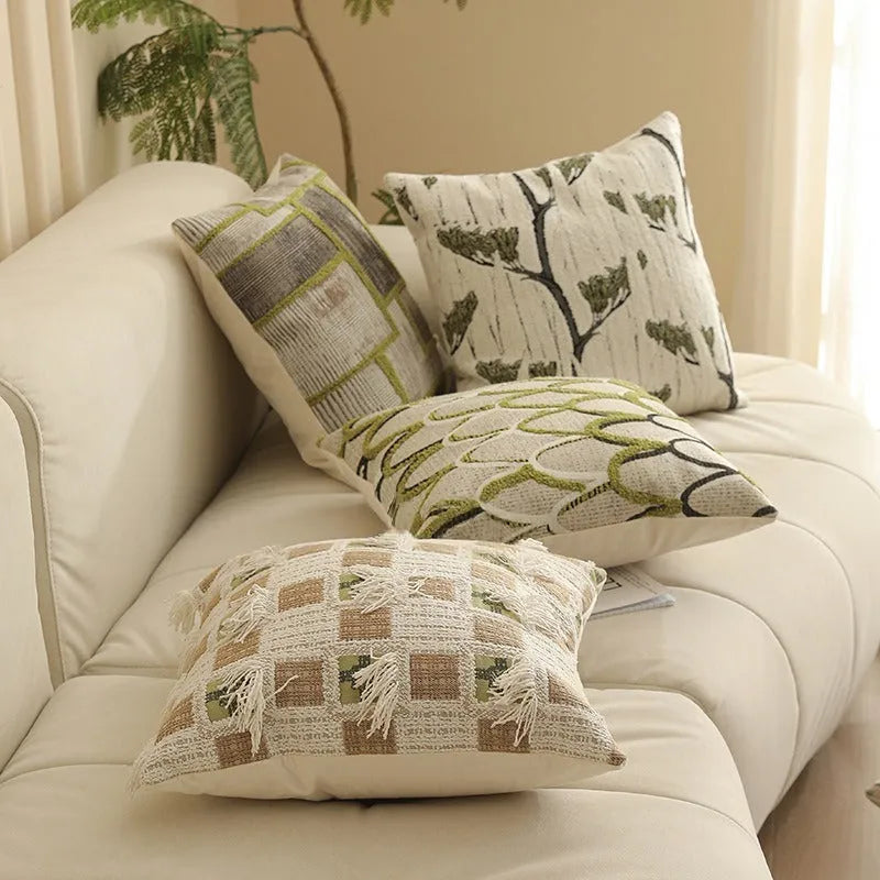45cm square jacquard cushion cover with retro plant and flower pattern in various colours.