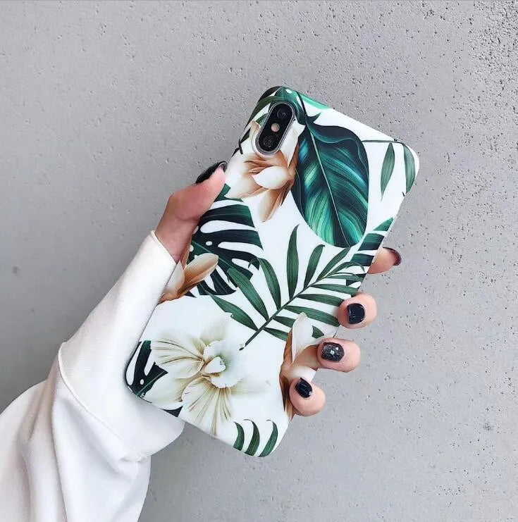Soft TPU floral phone back cover with banana leaf art for iPhone, shown in flower leaves colour.