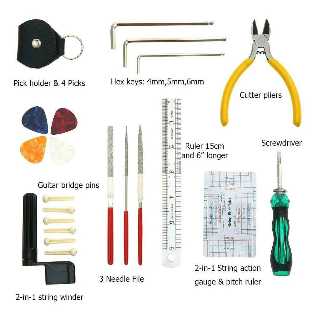 Black guitar repair tool kit for guitar bass mandolin banjo maintenance with case dimensions 200x100x45mm