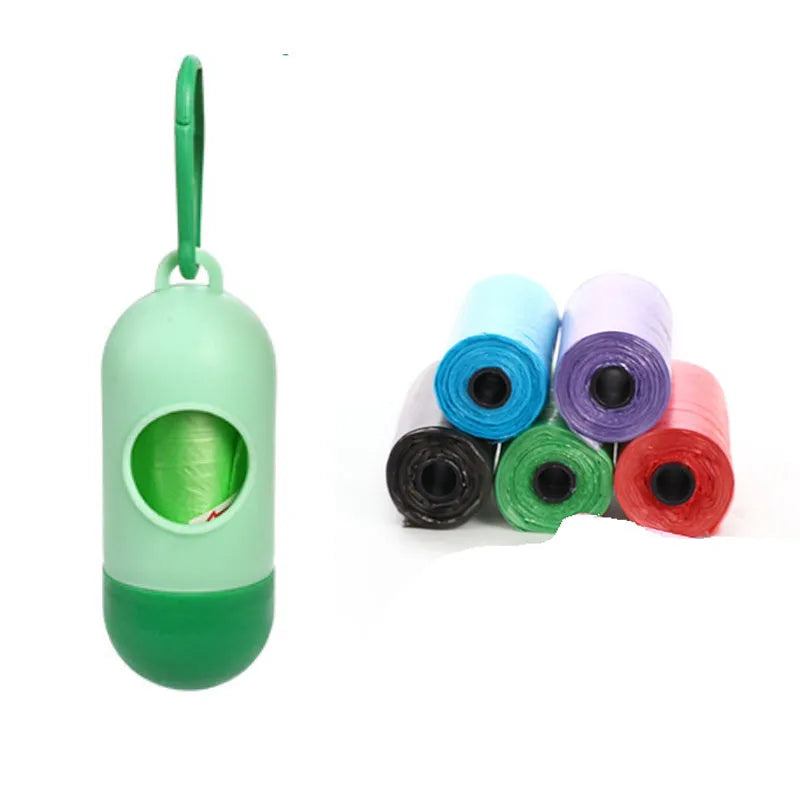 Set of five coloured dog waste poop bags showing black, blue, red, green, pink, and purple options.