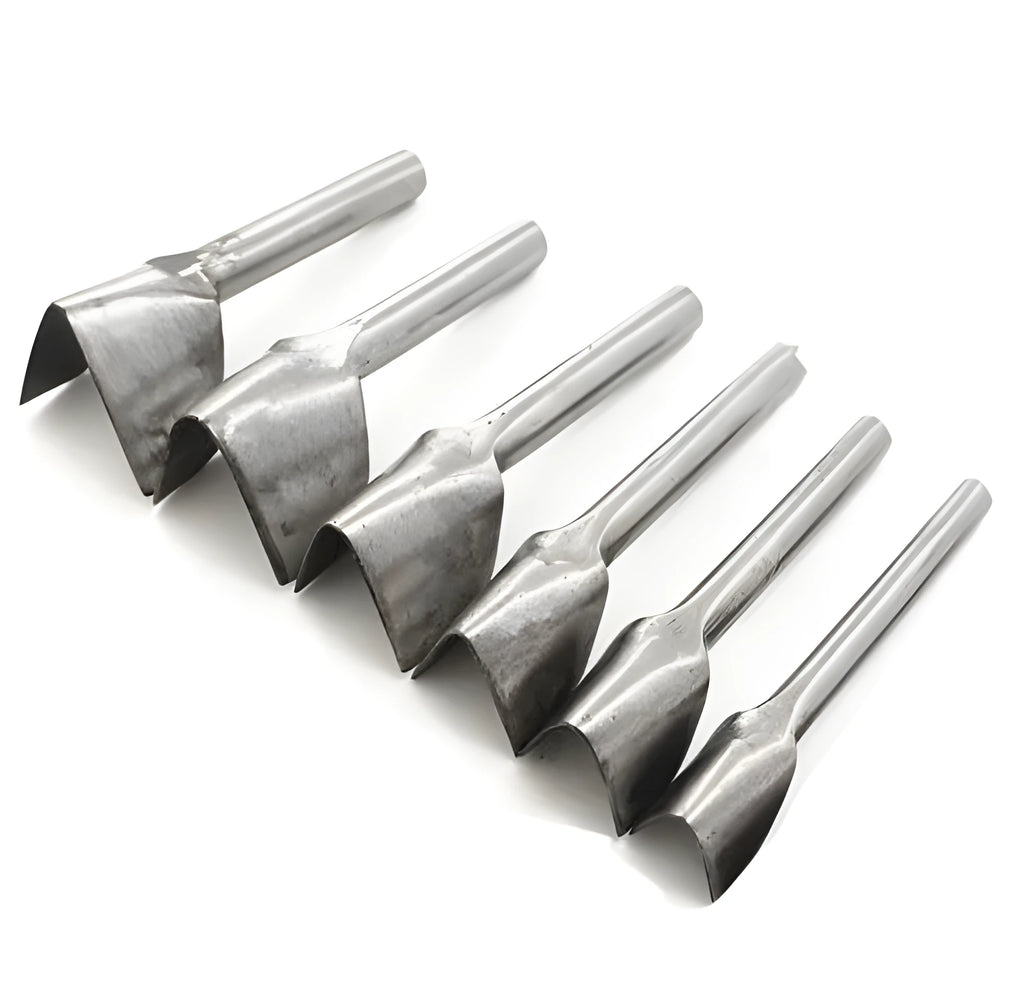 Six steel punch tools in half-round and V shapes for leather craft and DIY projects
