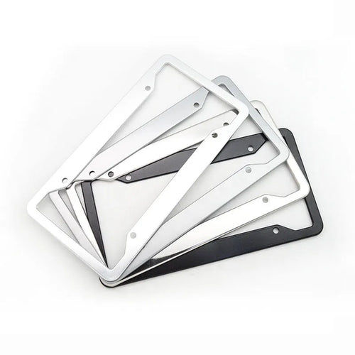 Aluminium alloy license plate frame in black, silver, and grey finishes, dimensions 200x150mm.