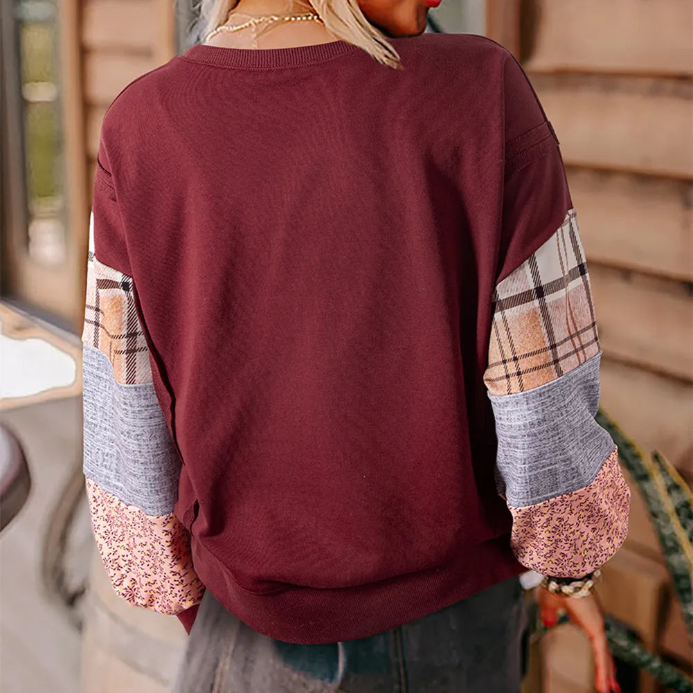 Women's plaid long-sleeved polyester pullover top in loose Japanese Korean style