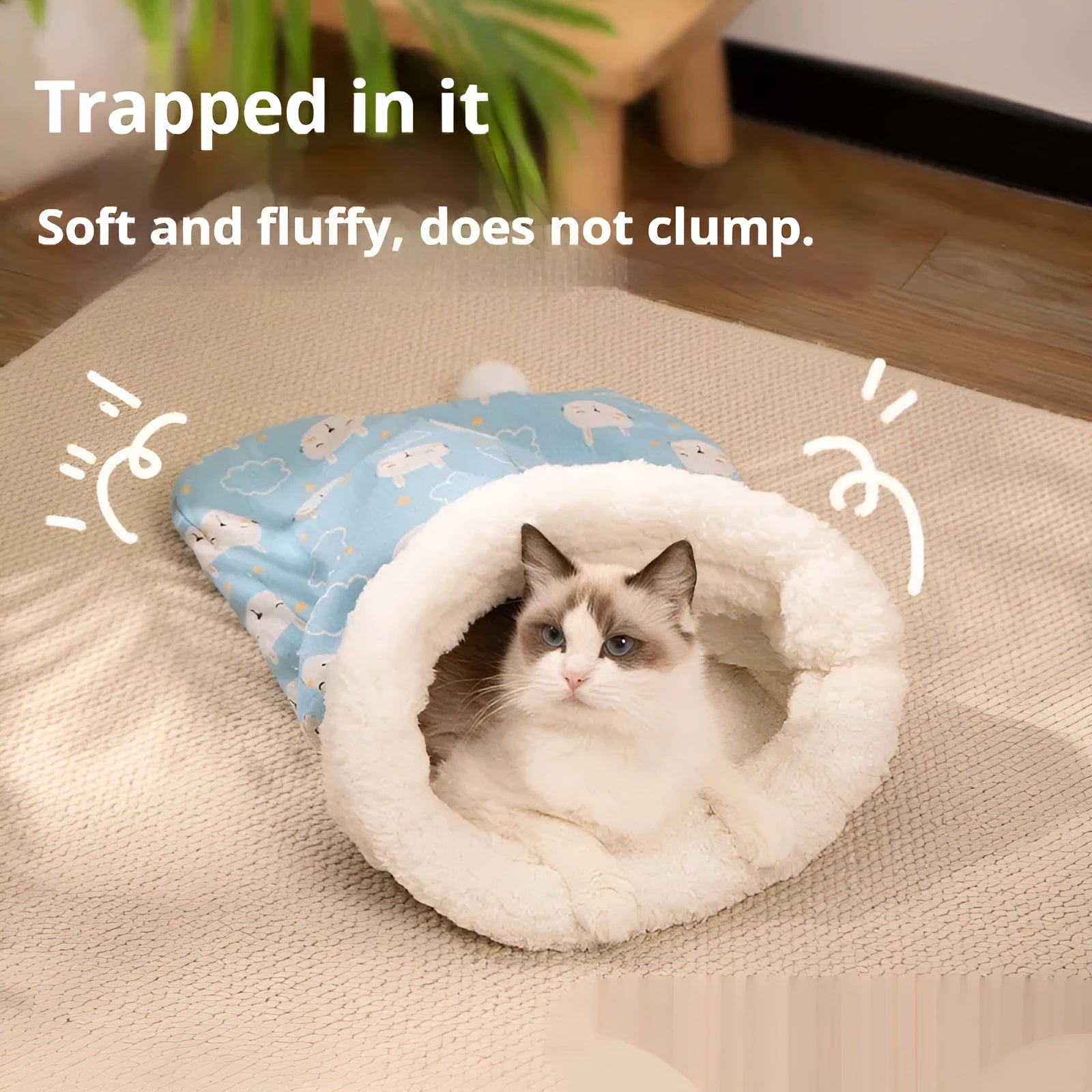 Flannel cat sleeping bag pet bed in pink Trojan pattern, 50cm by 40cm.