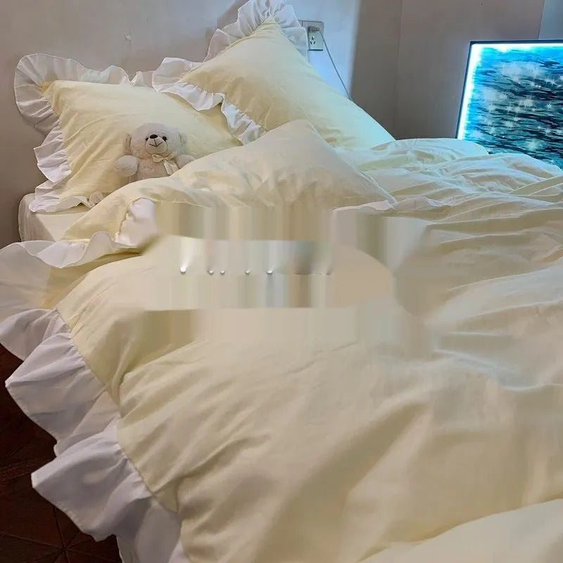 Mori style solid colour quilt cover and pillowcases from a four-piece washed cotton bedding set.