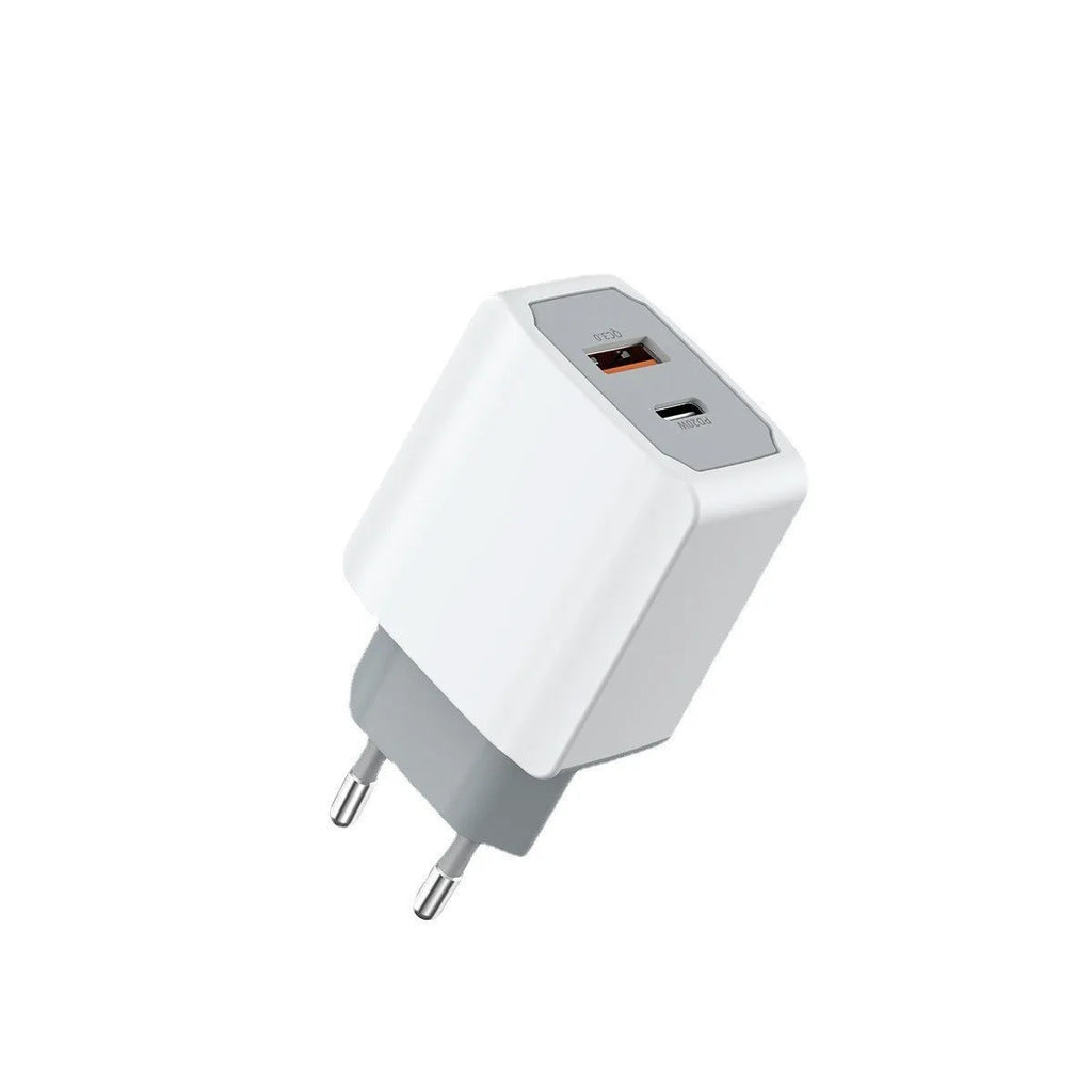 White USB phone fast charger set with European standard cable and compact dimensions