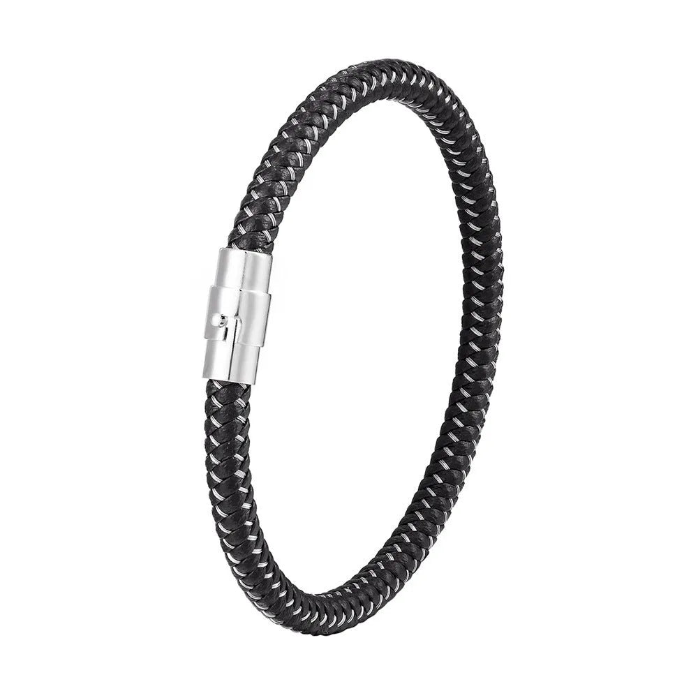 Men's geometric titanium steel bracelet with a magnetic clasp shown in silver tone.