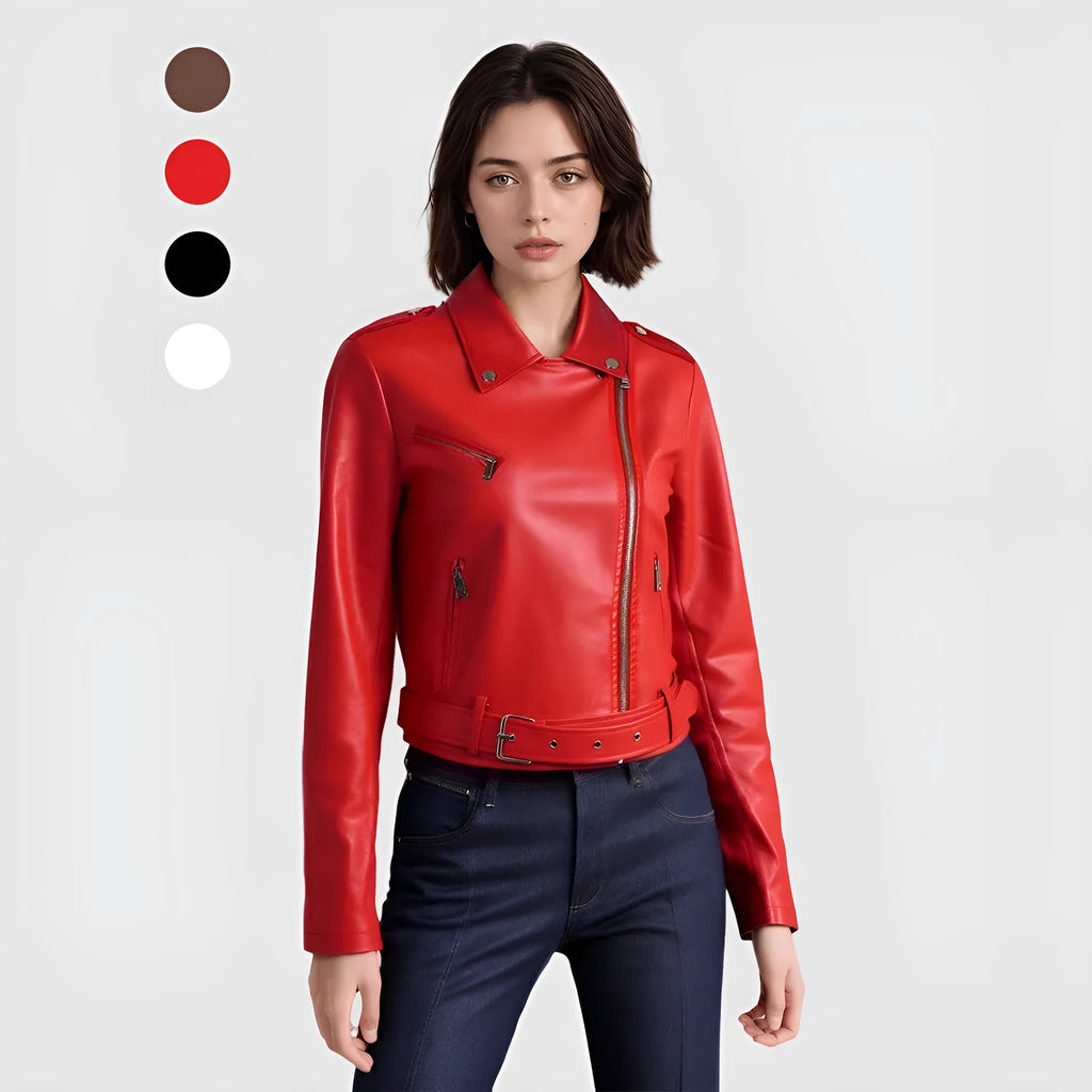 Women's black PU leather motorcycle jacket with lapel collar and a short belt fastened.