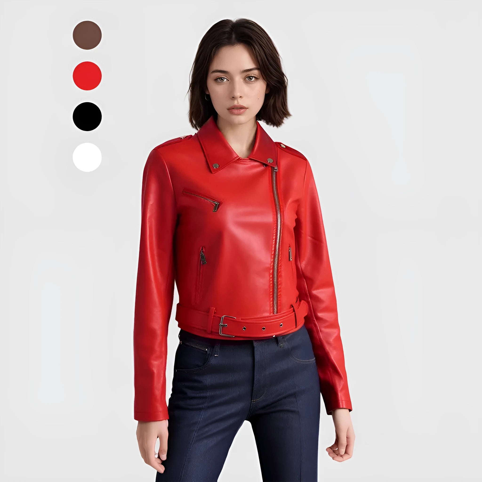 Women's black PU leather motorcycle jacket with lapel collar and a short belt fastened.