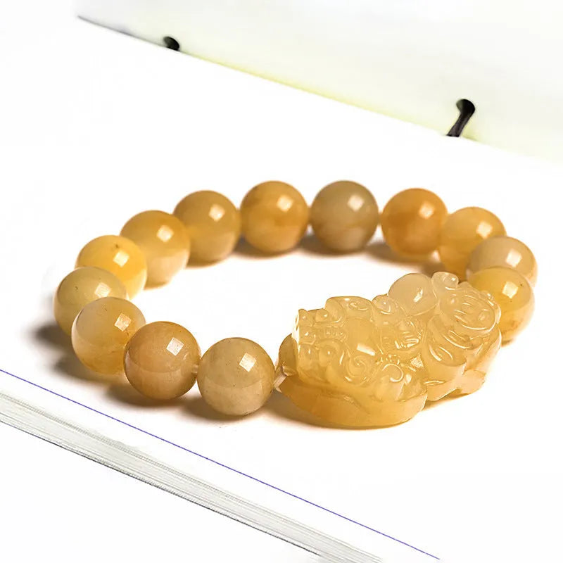 Hand-carved Golden Thread Jade money bracelet with coin design, shown in two bead size options.