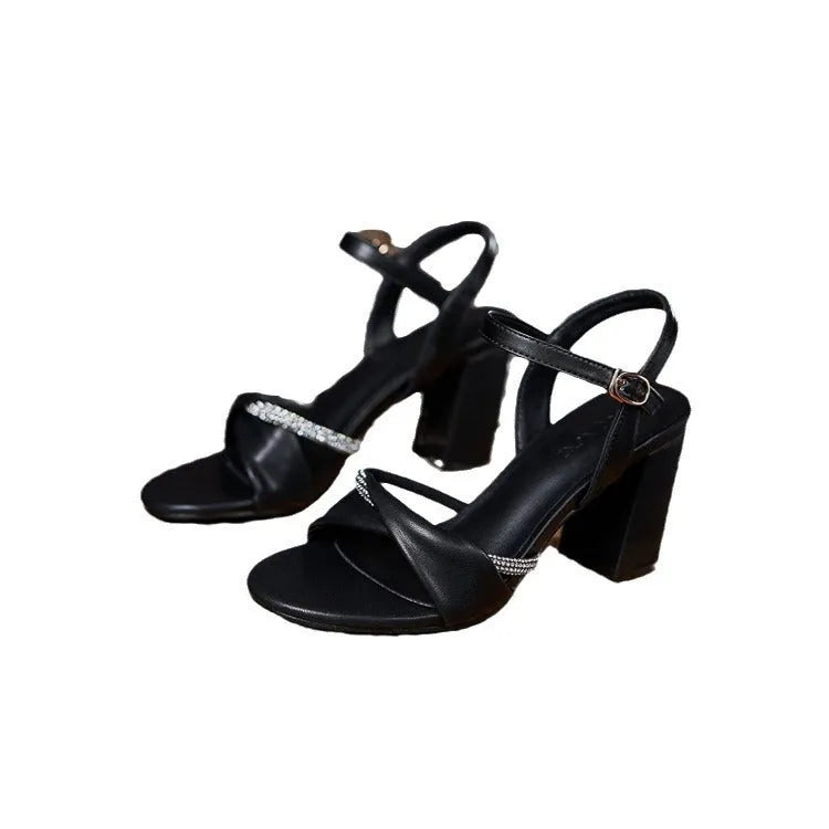 YB-32 chunky heel sandals for women, black 5cm heel, rubber sole, round toe