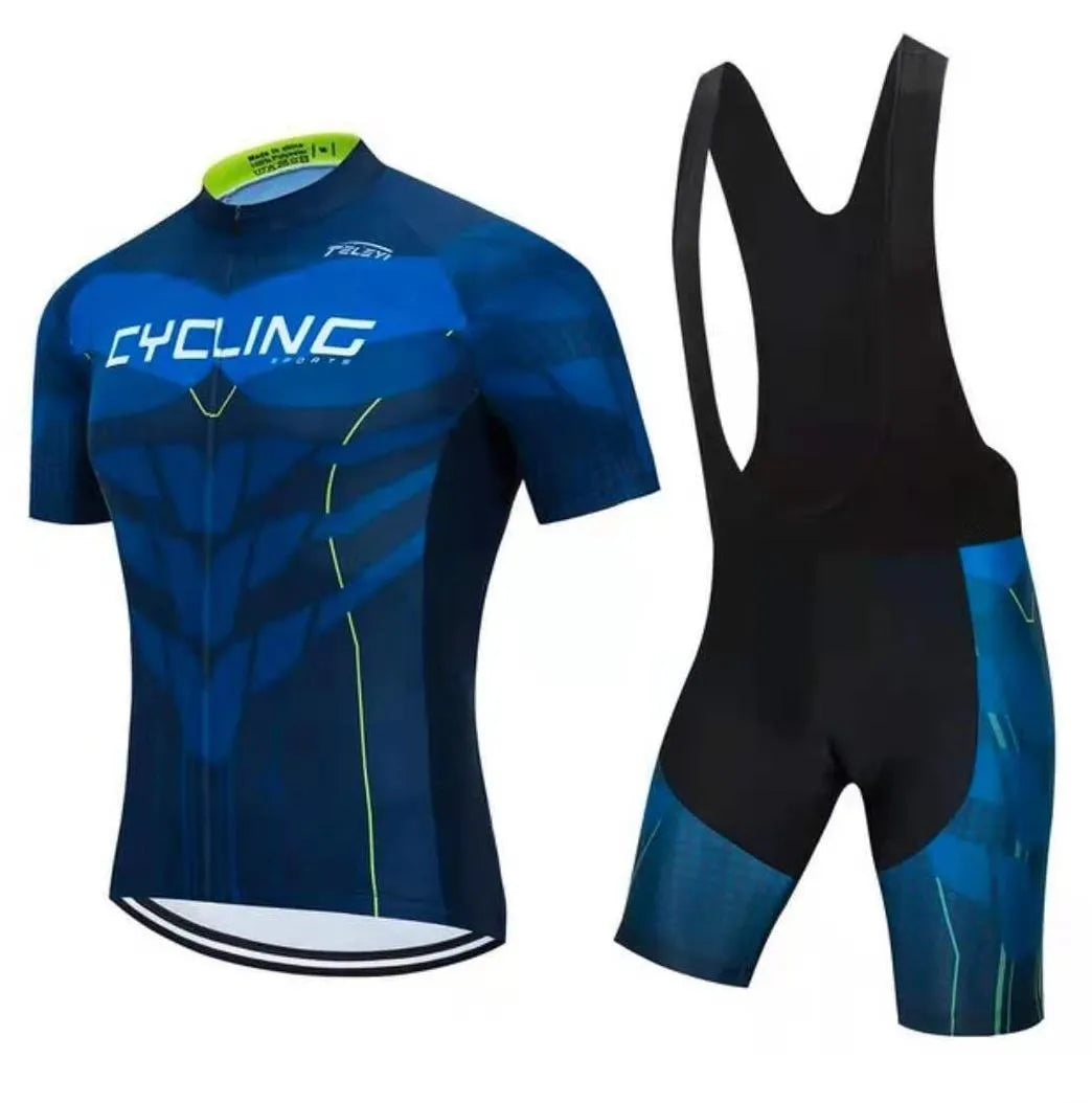 Cycling jersey and shorts set with moisture-wicking fabric in various style options for summer cycling