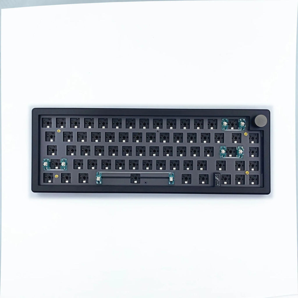 DIY mechanical keyboard kit components with RGB keys and knob on a black ABS case.