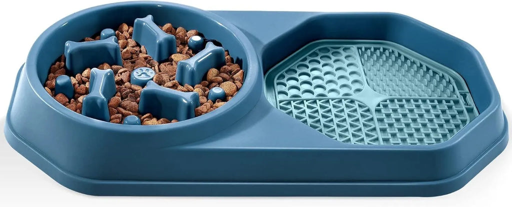 Blue interactive slow feeder dog bowl with puzzle design and non-slip base for small medium dogs
