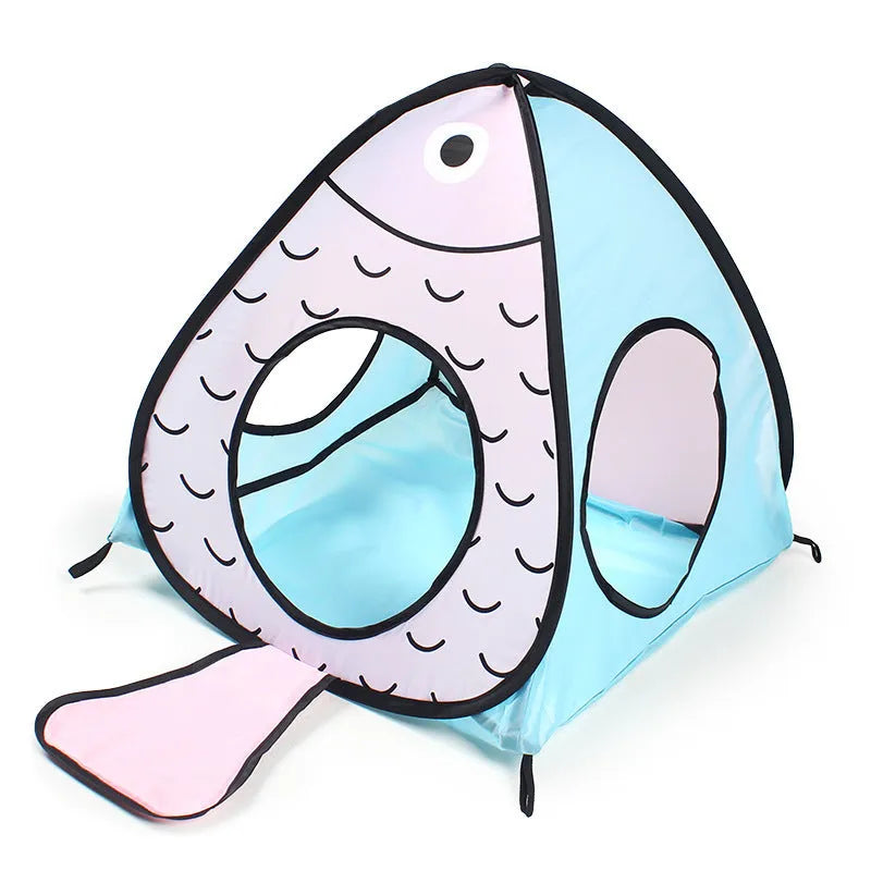 Foldable pet tent cat tunnel playhouse with fish toy in cat and fish themed design
