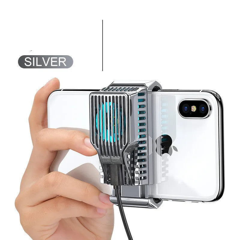 Black mobile phone radiator clip cooler with aluminium heatsink attached to smartphone
