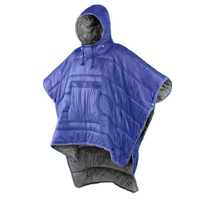 Adult-sized grey outdoor cloak sleeping bag with waterproof nylon exterior shown in wearable cape configuration